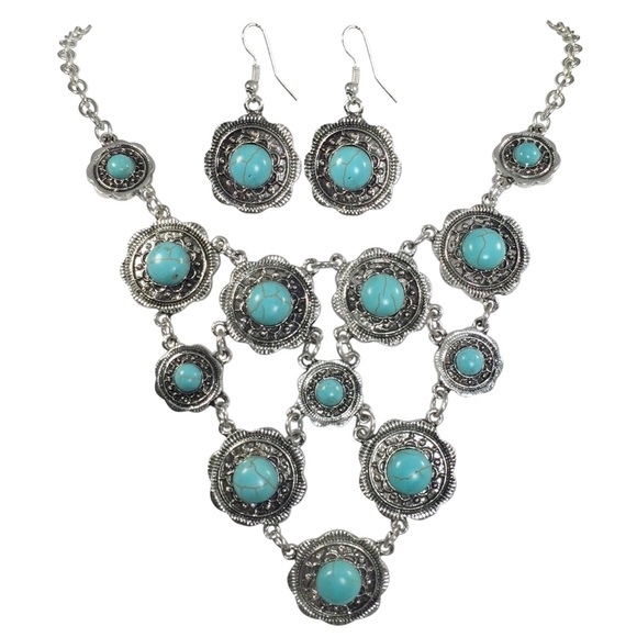 Turquoise Dot Coin Bib Necklace Earrings Set - Picture 1 of 3